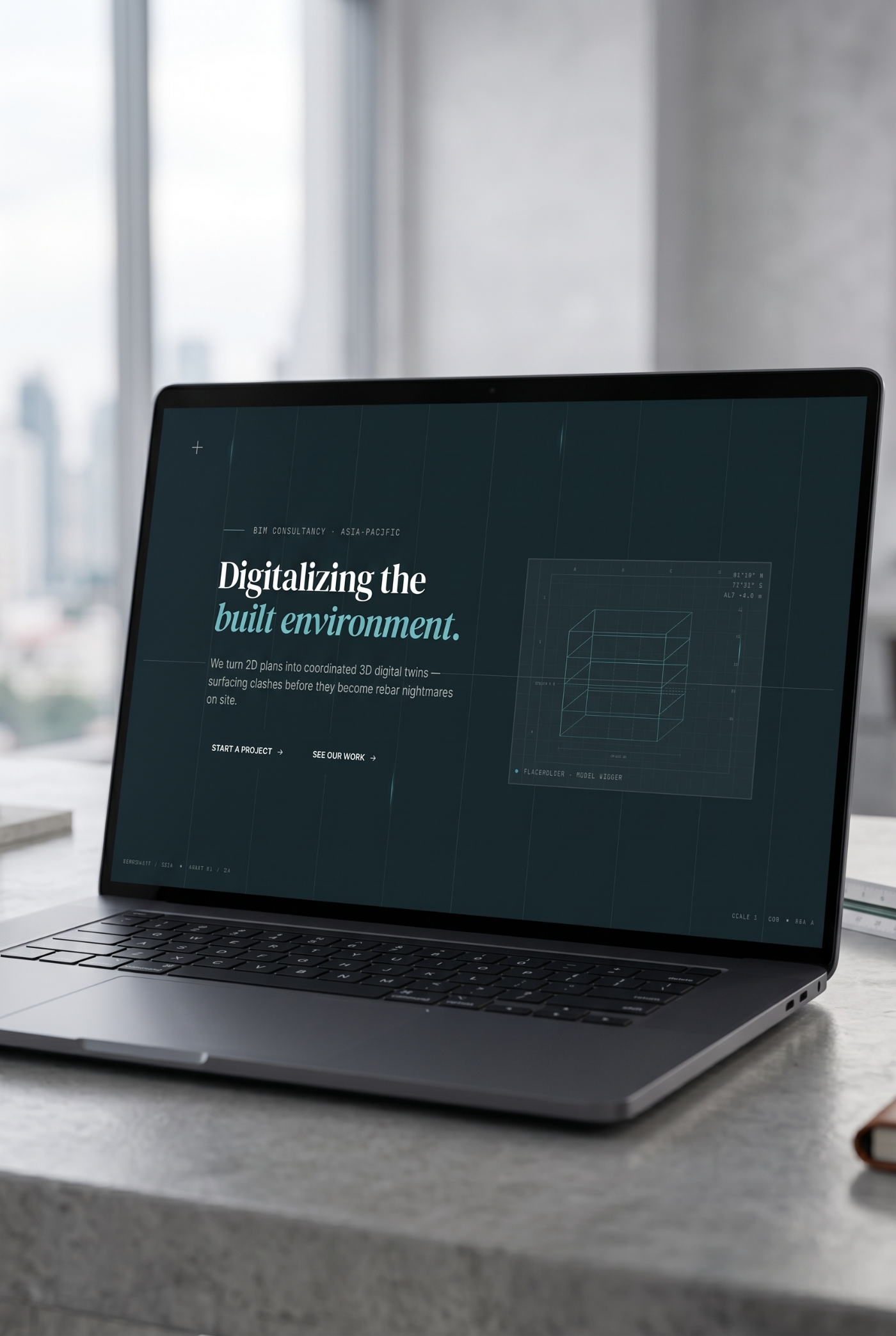 The BIMNovate site open on a laptop in a studio, city beyond the window